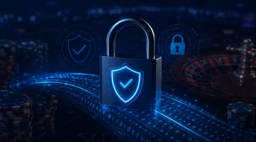 Padlock icon over encrypted data stream