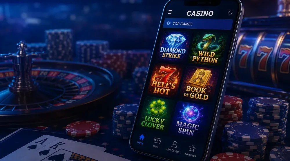 Smartphone showing casino lobby pokies